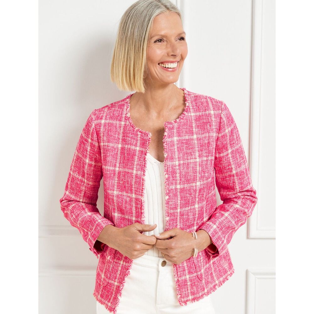 Talbots Twisted Windowpane Tweed Jacket Women's 18W Pink White Preppy Old Money